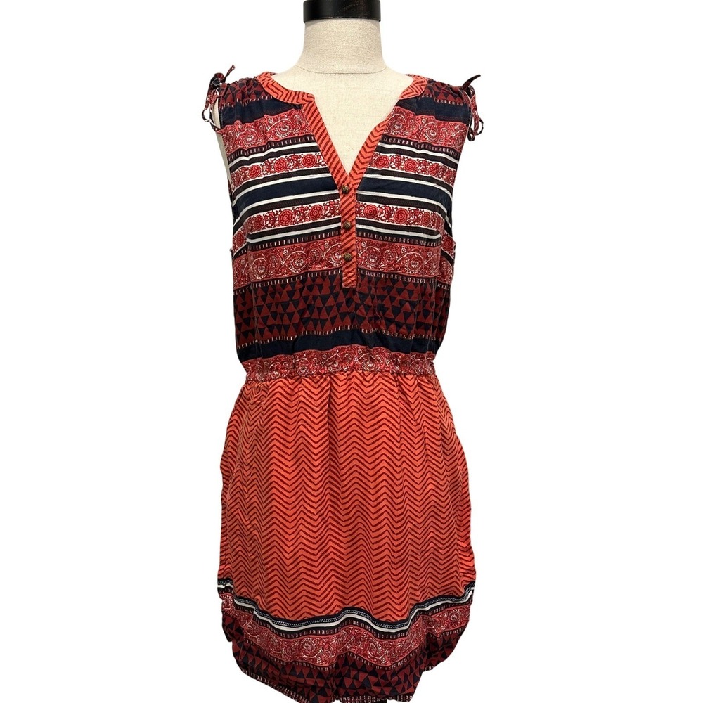 Lucky Brand Womens Red Navy Geometric Print Sleeveless Mini Dress Size M Boho